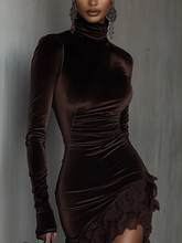 Load image into Gallery viewer, Chocolate Velvet Turtleneck Lace Hem Fitted Mini Dress