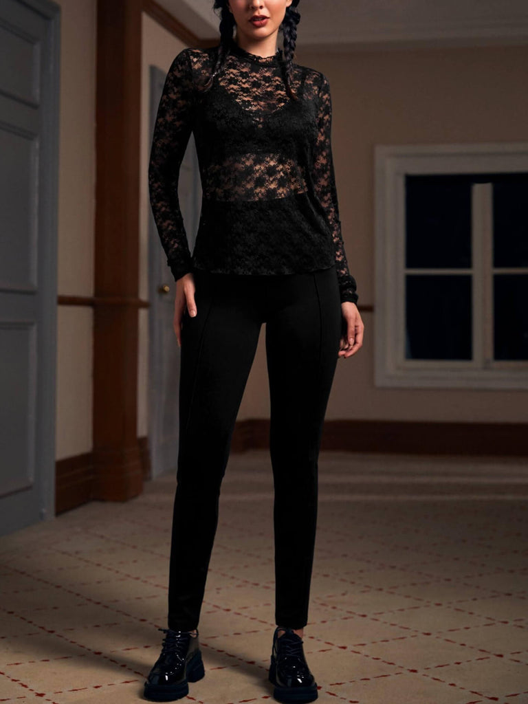 Lace Mesh Transparent Long Sleeve Top