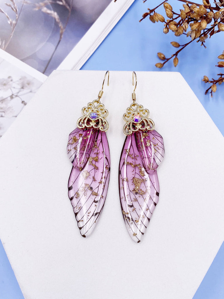 Boucles d'oreilles en cristal d'aile de cigale avec strass roses et ailes de papillon