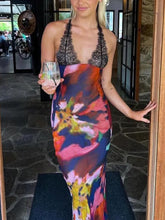 Görseli Galeri görüntüleyiciye yükleyin, Sexy Deep V Lace Patchwork Printed Auspender Maxi Dress