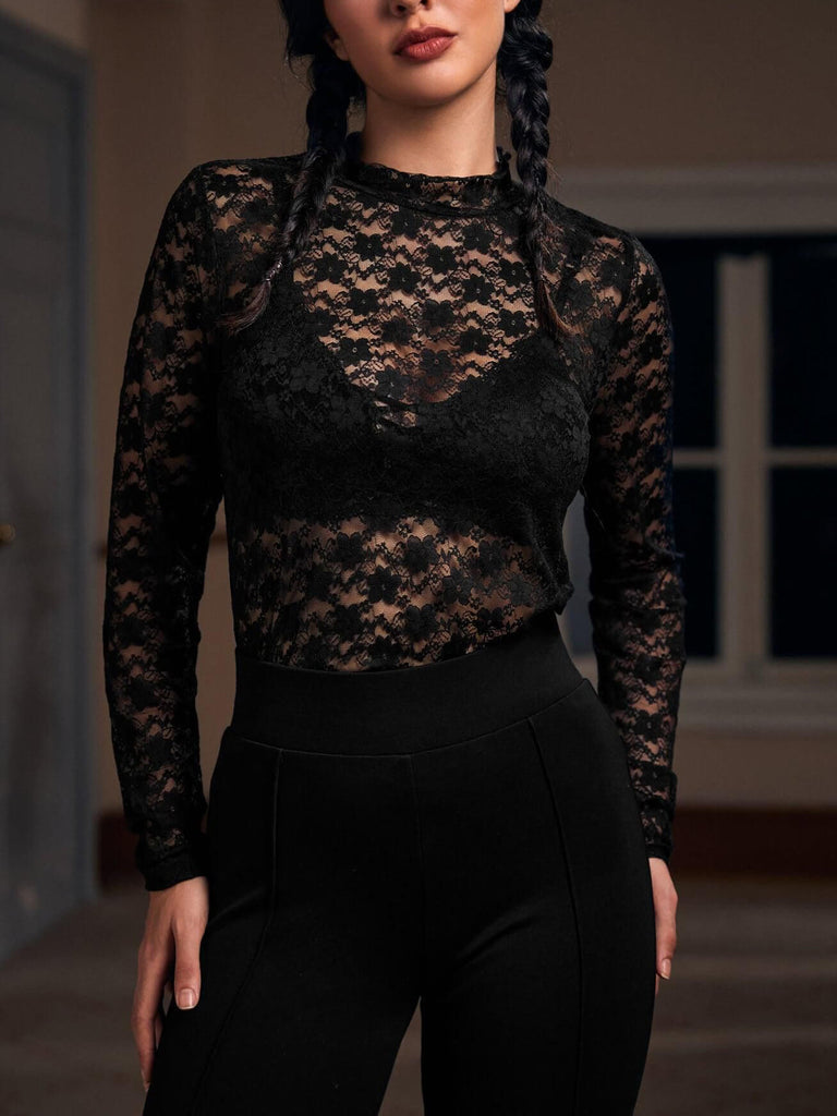 Lace Mesh Transparent Long Sleeve Top