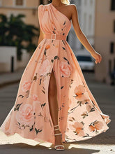 Load image into Gallery viewer, Light Green Floral Ruched One Shoulder A-Line Maxi Chiffon Dress