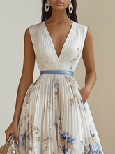 Load image into Gallery viewer, Spring New White Pleated Floral Chiffon V Neck Sleeveless A-Line Midi Dress