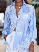 Load image into Gallery viewer, Casual Guipure Lace Striped Turndown Collar Button Long Sleeve Blouse