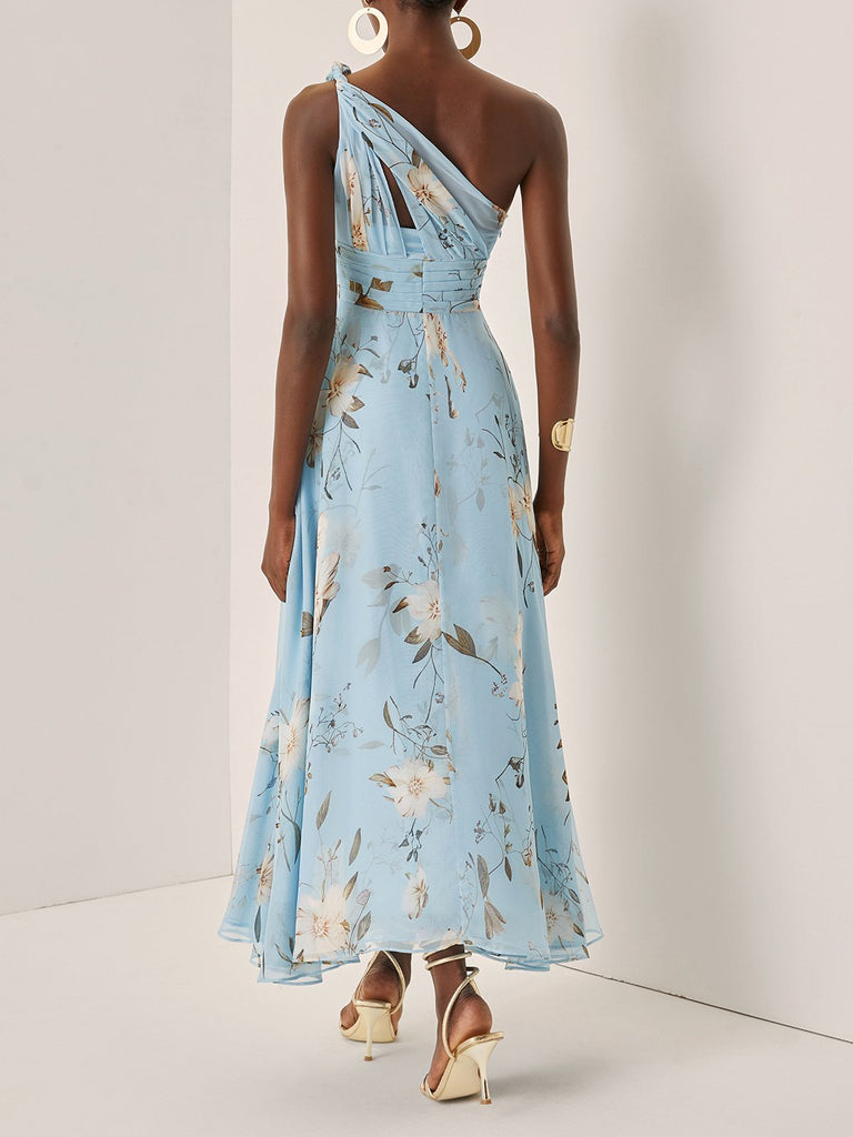Light Blue Floral Ruched Chiffon One Shoulder Sleeveless A-Line Maxi Dress
