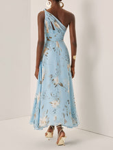 Carica l&#39;immagine nel visualizzatore di Gallery, Light Blue Floral Ruched Chiffon One Shoulder Sleeveless A-Line Maxi Dress