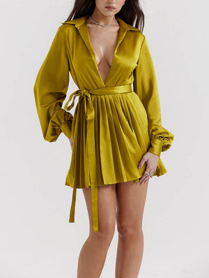 Chartreuse Pleated Shirt Dress