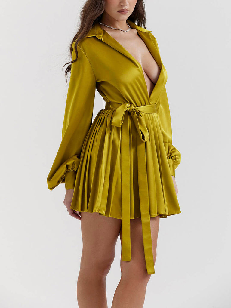 Chartreuse Pleated Shirt Dress