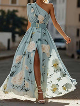 Load image into Gallery viewer, Light Green Floral Ruched One Shoulder A-Line Maxi Chiffon Dress