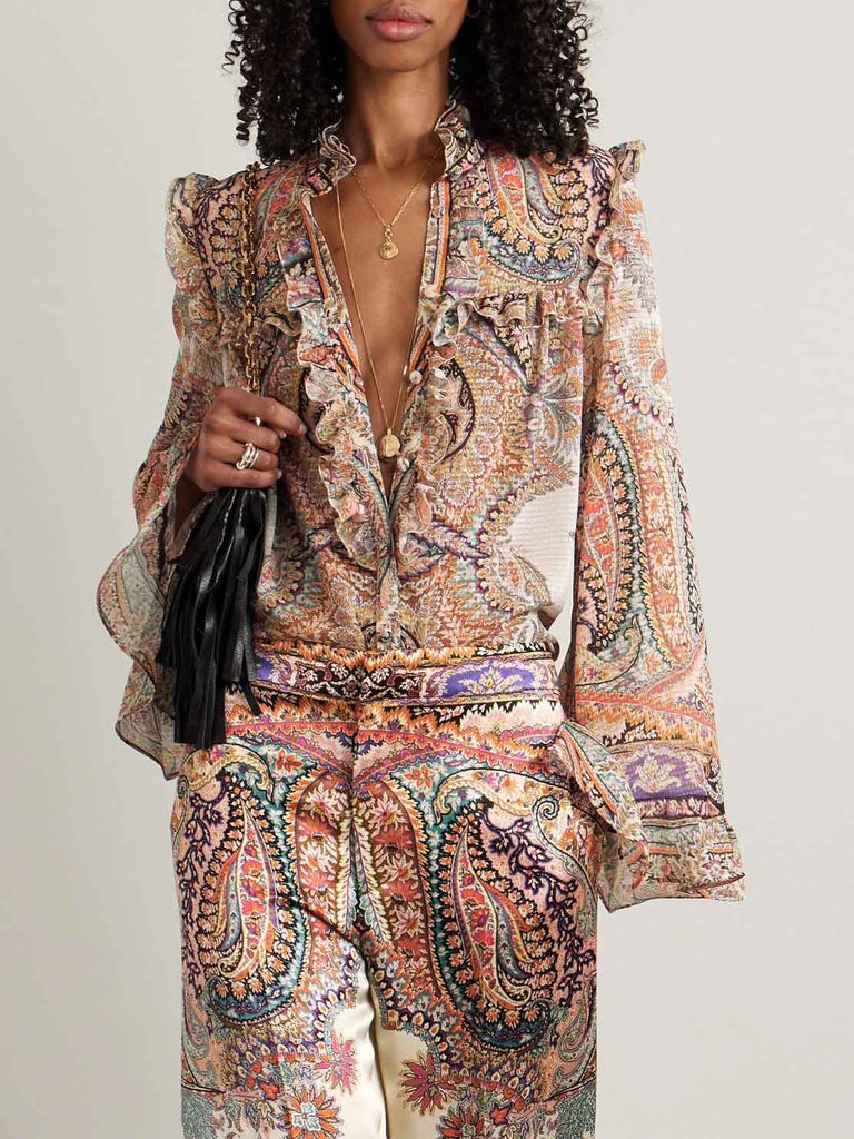 Exquisite Vintage Paisley Print Ruffled Shirt