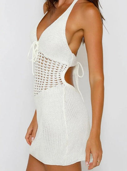 Halter Crochet Waist Backless Knit Mini Dress