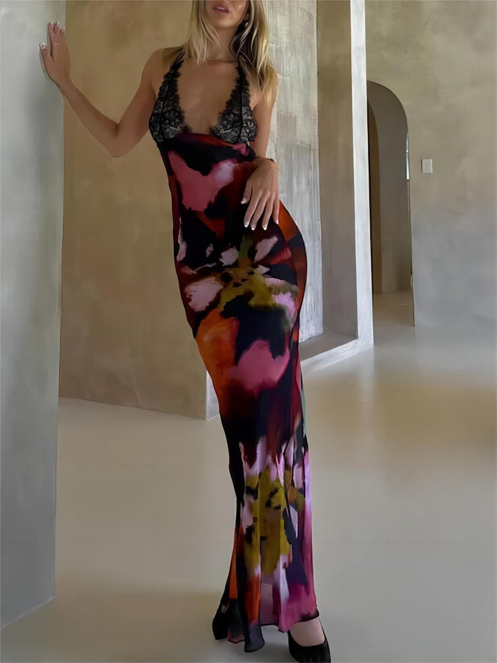 Robe longue sexy à imprimé patchwork en dentelle et décolleté en V