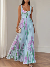 Load image into Gallery viewer, White Pleated Floral Chiffon Square Neck Sleeveless A-Line Maxi Dress