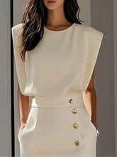 Load image into Gallery viewer, Off White Button Slit Crew Neck Sheath Midi Dress