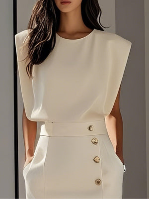 Off White Button Slit Crew Neck Sheath Midi Dress