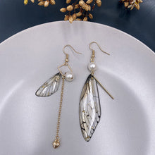 Load image into Gallery viewer, Butterfly Wing Grey Gold Foil Cicada Wing Tassel Earrings