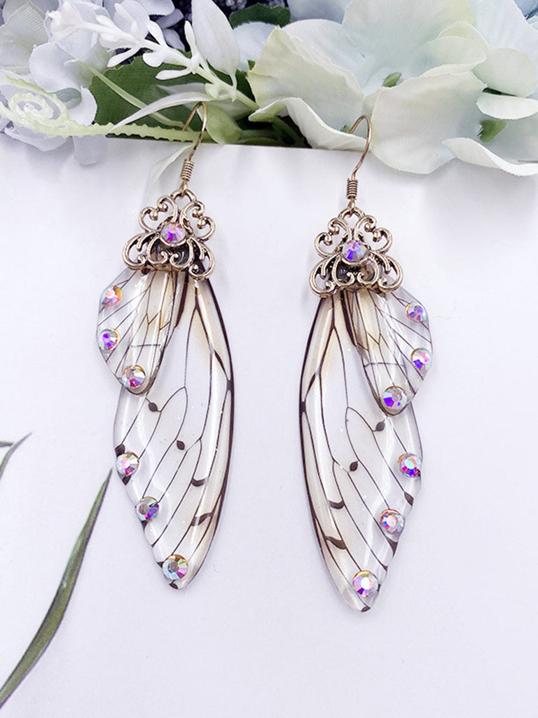 Boucles d'oreilles ailes de cigale en cristal strass gris ailes de papillon