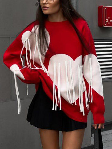 Heart Tassel Round Neck Loose Long Sweater