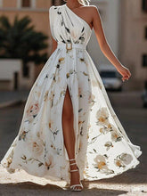 Load image into Gallery viewer, Light Green Floral Ruched One Shoulder A-Line Maxi Chiffon Dress