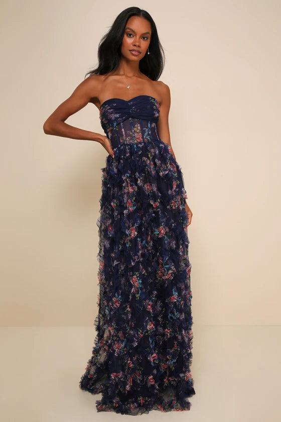 Stunning Element Mesh Ruffled Strapless Maxi Dress