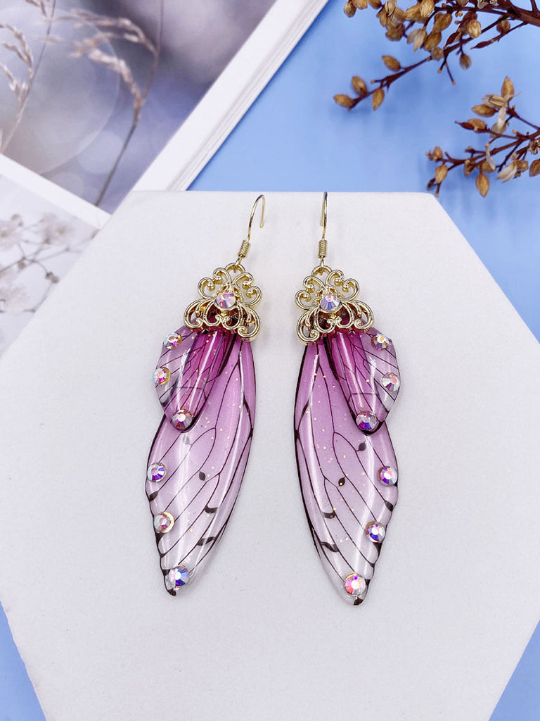 Boucles d'oreilles en cristal d'aile de cigale avec strass roses et ailes de papillon