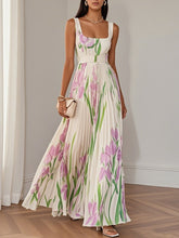 Load image into Gallery viewer, White Pleated Floral Chiffon Square Neck Sleeveless A-Line Maxi Dress