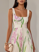 Load image into Gallery viewer, White Pleated Floral Chiffon Square Neck Sleeveless A-Line Maxi Dress