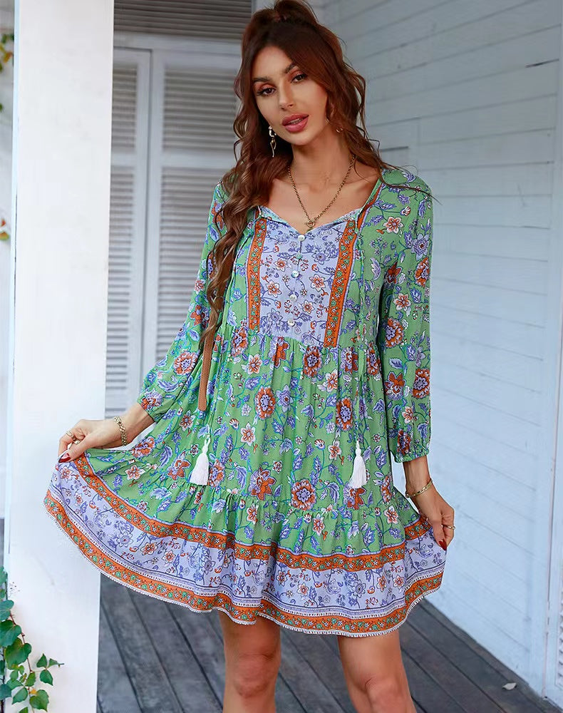 V-neck Printed Casual Bohemian Short Dress