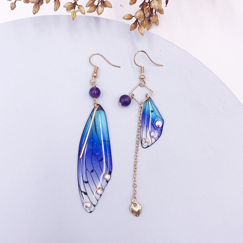 Boucles d'oreilles à pampilles en forme d'aile de cigale en feuille d'or bleu et aile de papillon 