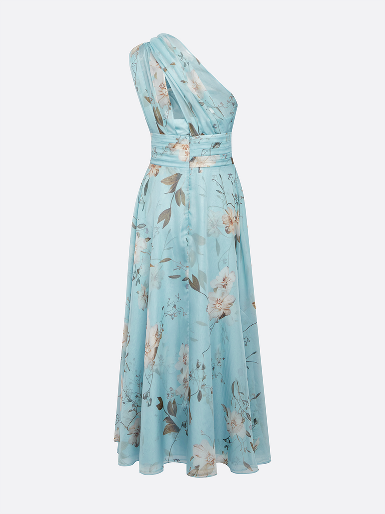 Light Blue Floral Ruched Chiffon One Shoulder Sleeveless A-Line Maxi Dress