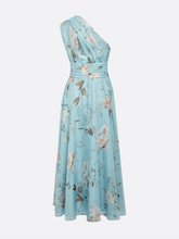 Carica l&#39;immagine nel visualizzatore di Gallery, Light Blue Floral Ruched Chiffon One Shoulder Sleeveless A-Line Maxi Dress