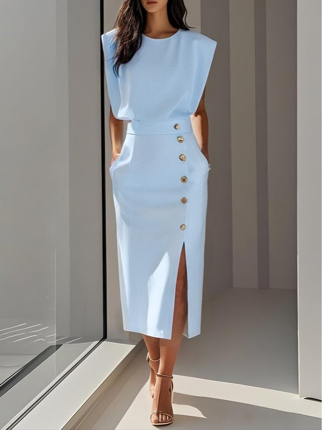 Off White Button Slit Crew Neck Sheath Midi Dress