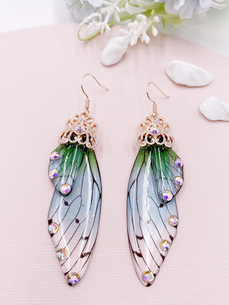 Boucles d'oreilles ailes de cigale en cristal strass vert aile de papillon 