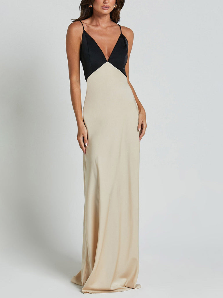 Exquisite Satin Contrast Color V-Neck Maxi Dress