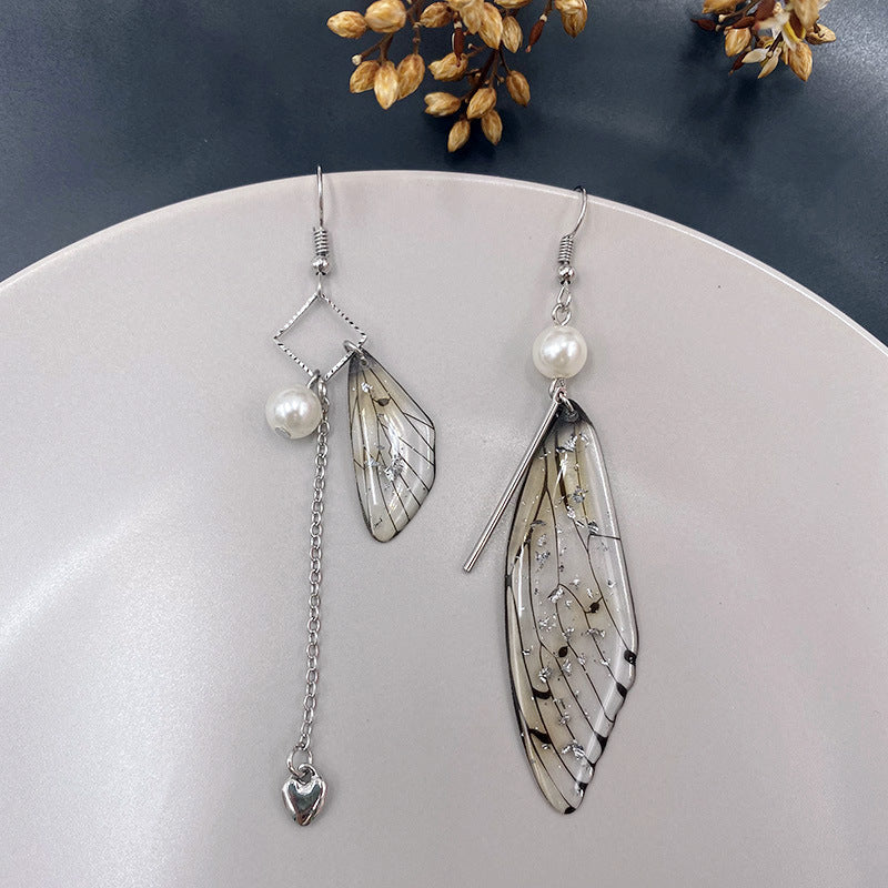 Boucles d'oreilles à pampilles en forme d'aile de cigale en feuille d'or gris et aile de papillon 