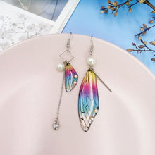 Load image into Gallery viewer, Butterfly Wing Rainbow Gold Foil Cicada Wing Tassel Earrings