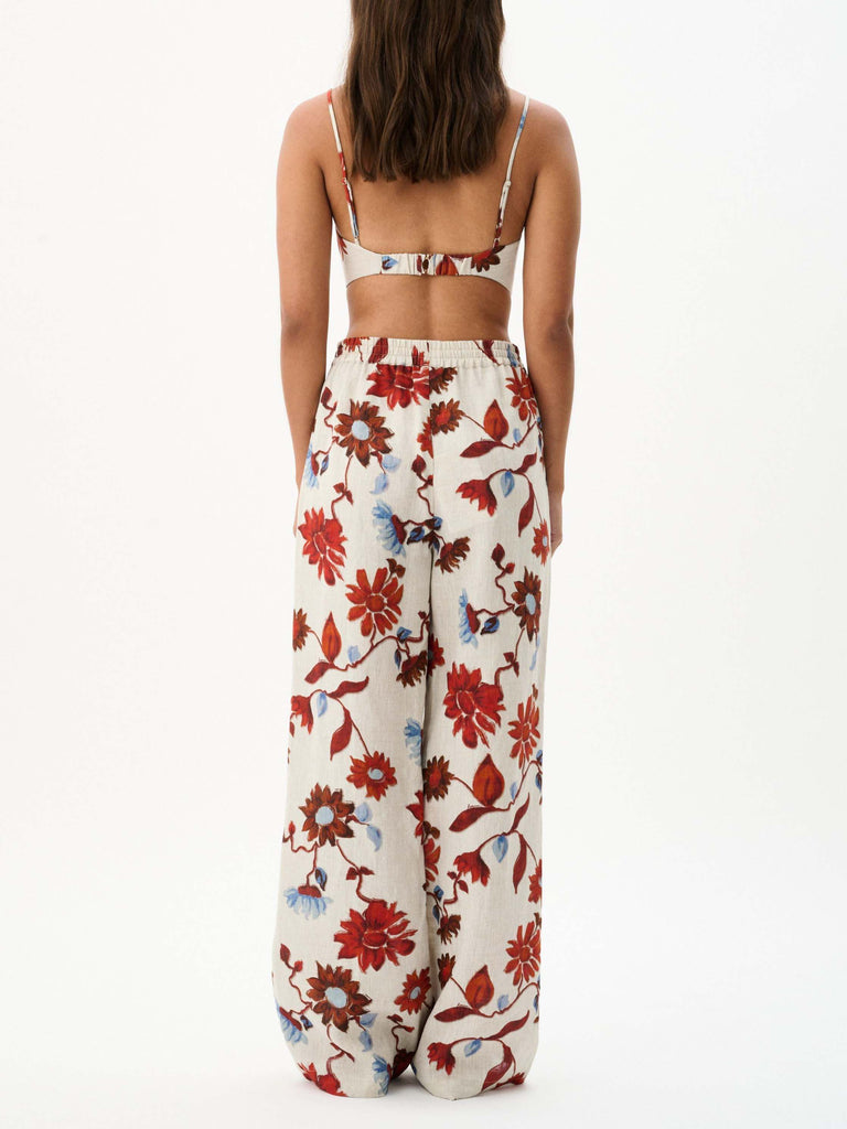 Exquisite Floral Print Lace-Up Wide-Leg Pants