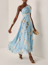 Carica l&#39;immagine nel visualizzatore di Gallery, Light Blue Floral Ruched Chiffon One Shoulder Sleeveless A-Line Maxi Dress