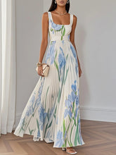 Load image into Gallery viewer, White Pleated Floral Chiffon Square Neck Sleeveless A-Line Maxi Dress