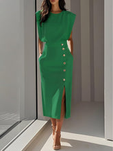 Load image into Gallery viewer, Off White Button Slit Crew Neck Sheath Midi Dress