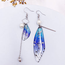 Load image into Gallery viewer, Butterfly Wing Blue Gold Foil Cicada Wing Tassel Earrings