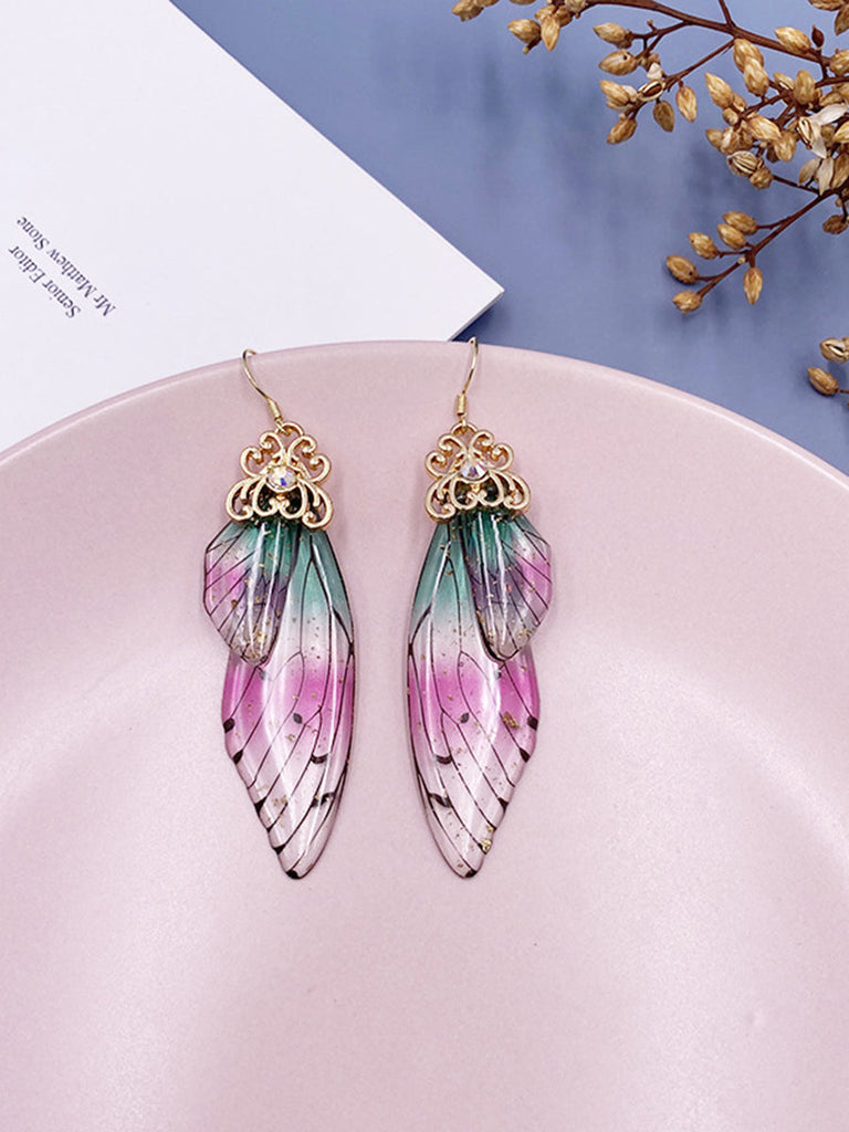 Boucles d'oreilles en cristal d'aile de cigale avec strass irisés et ailes de papillon