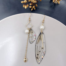 Load image into Gallery viewer, Butterfly Wing Grey Gold Foil Cicada Wing Tassel Earrings