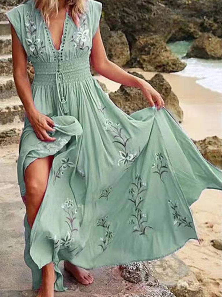 V Neck French Beach Boho Print Dress