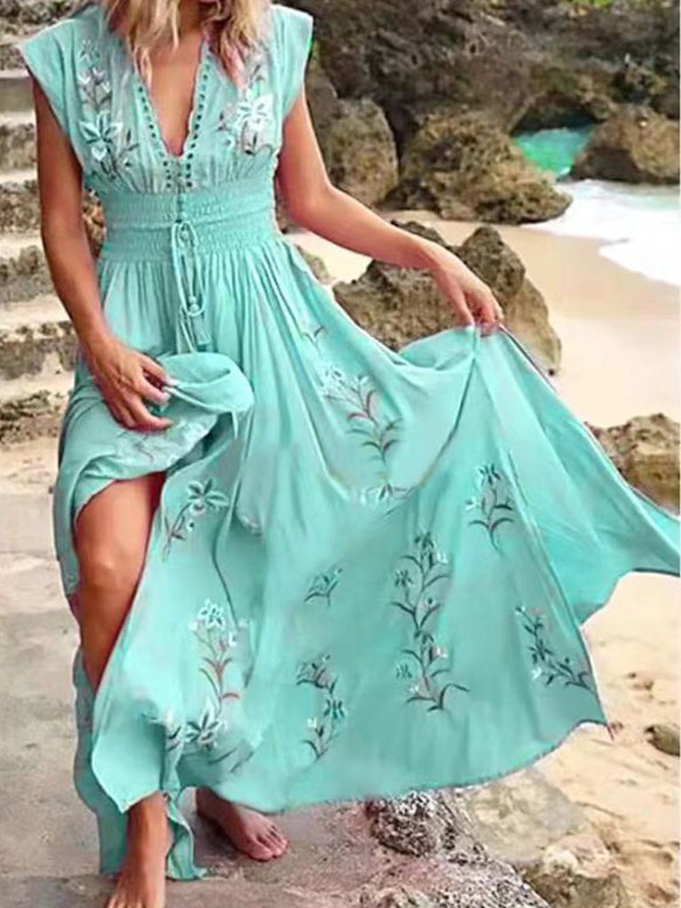 Robe de plage française à imprimé bohème et col en V