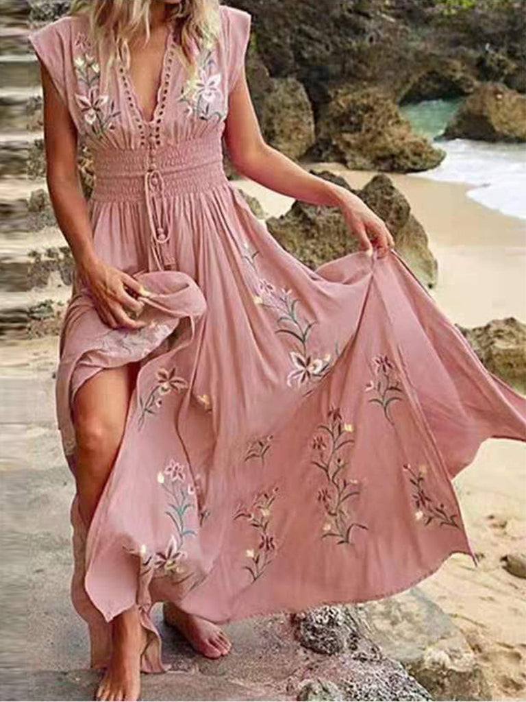 Robe de plage française à imprimé bohème et col en V