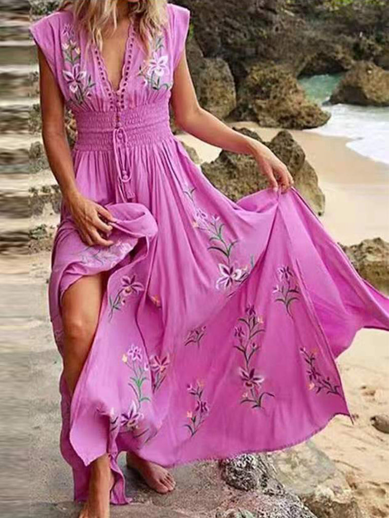 V Neck French Beach Boho Print Dress