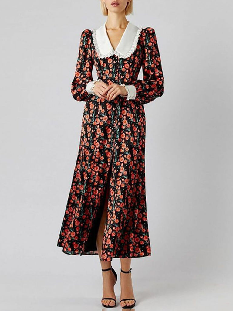 Printed Doll Collar Midi Dress