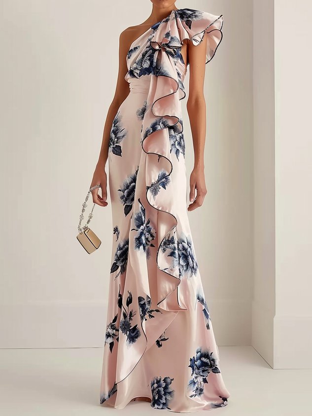 Pink Floral One-Shoulder Ruffled A-Line Maxi Dress