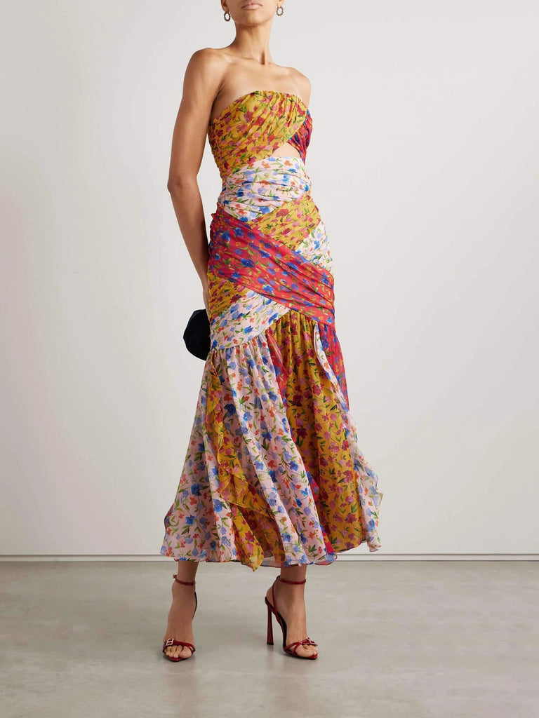 Unique Paneled Pleated Floral Print Midi Dress